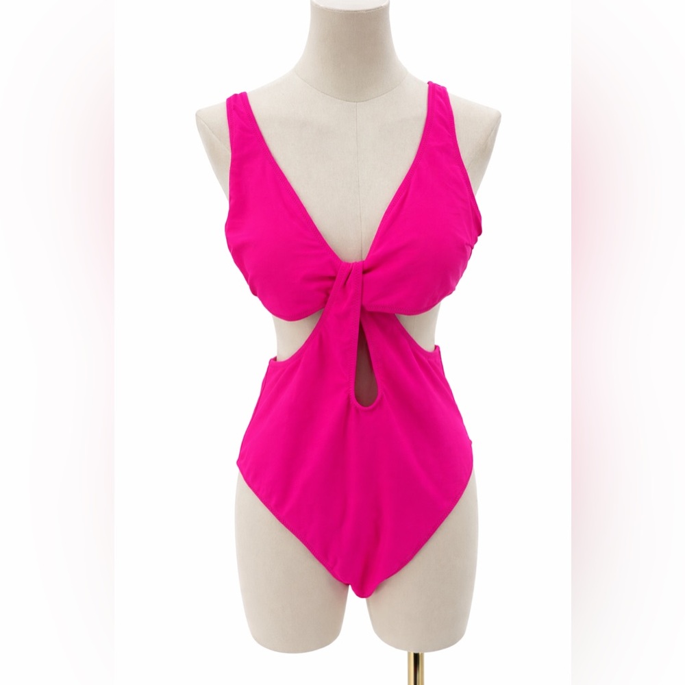 Live Life On The Beach Hot Pink Cut-Out One Piece Plunge Knot Front Swimwear - Picture 2 of 11